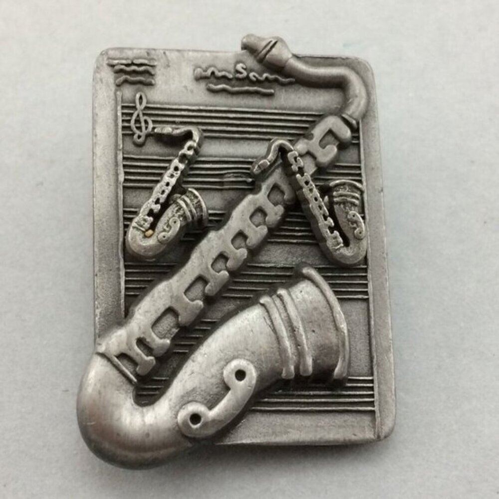 Vintage Pewter Saxophone Stud Earrings in Brooch Pin Music Torino MISSING Items